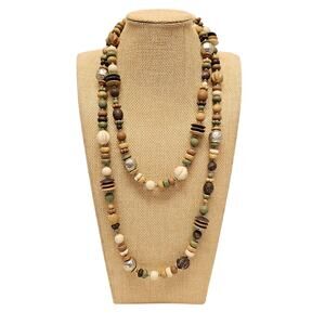 Multi Strand Beaded Necklace Long 48in Wood  Silver Tone Earthy Brown Green Boho